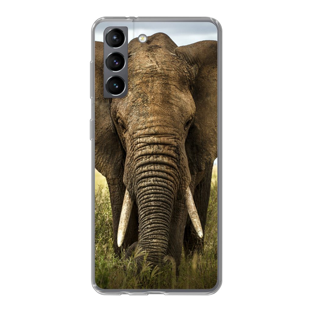 MuchoWow Handyhülle Schutzhülle Hülle für Samsung Galaxy S21 Elefant - Natur - Gras - Tiere - Landschaft Silikon Softcase Handy Hülle - Soft...