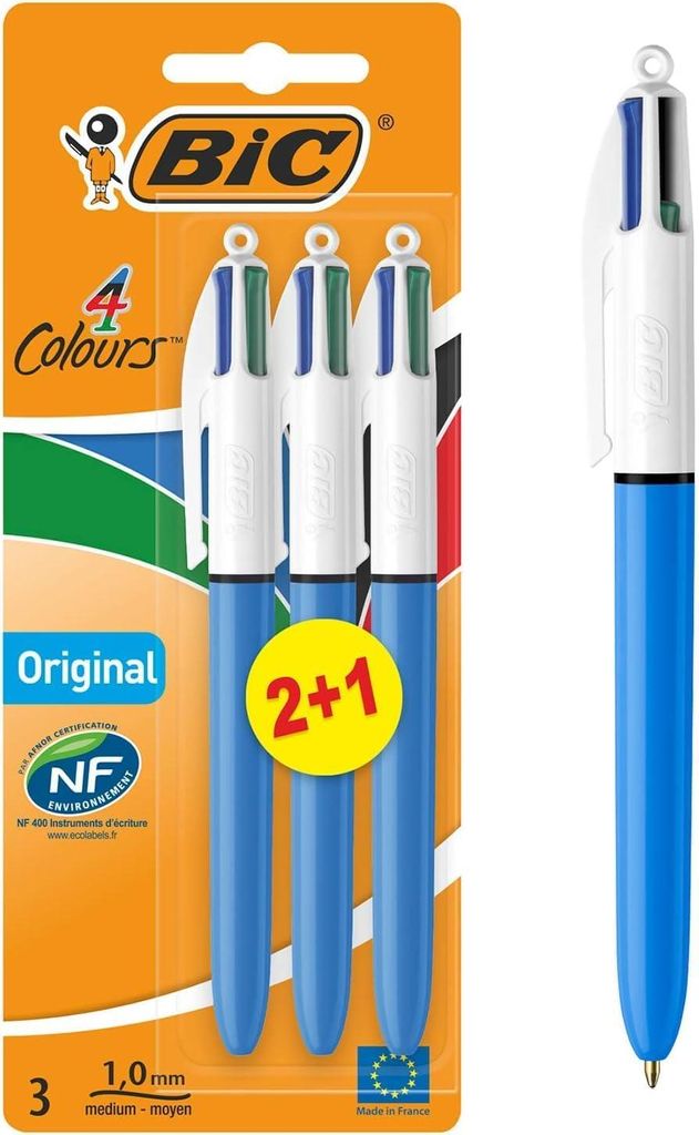 BIC 4 Farben Kugelschreiber Set 4 Colours Original, 3er Pack, Ideal für das Büro, das Home Office oder die Schule