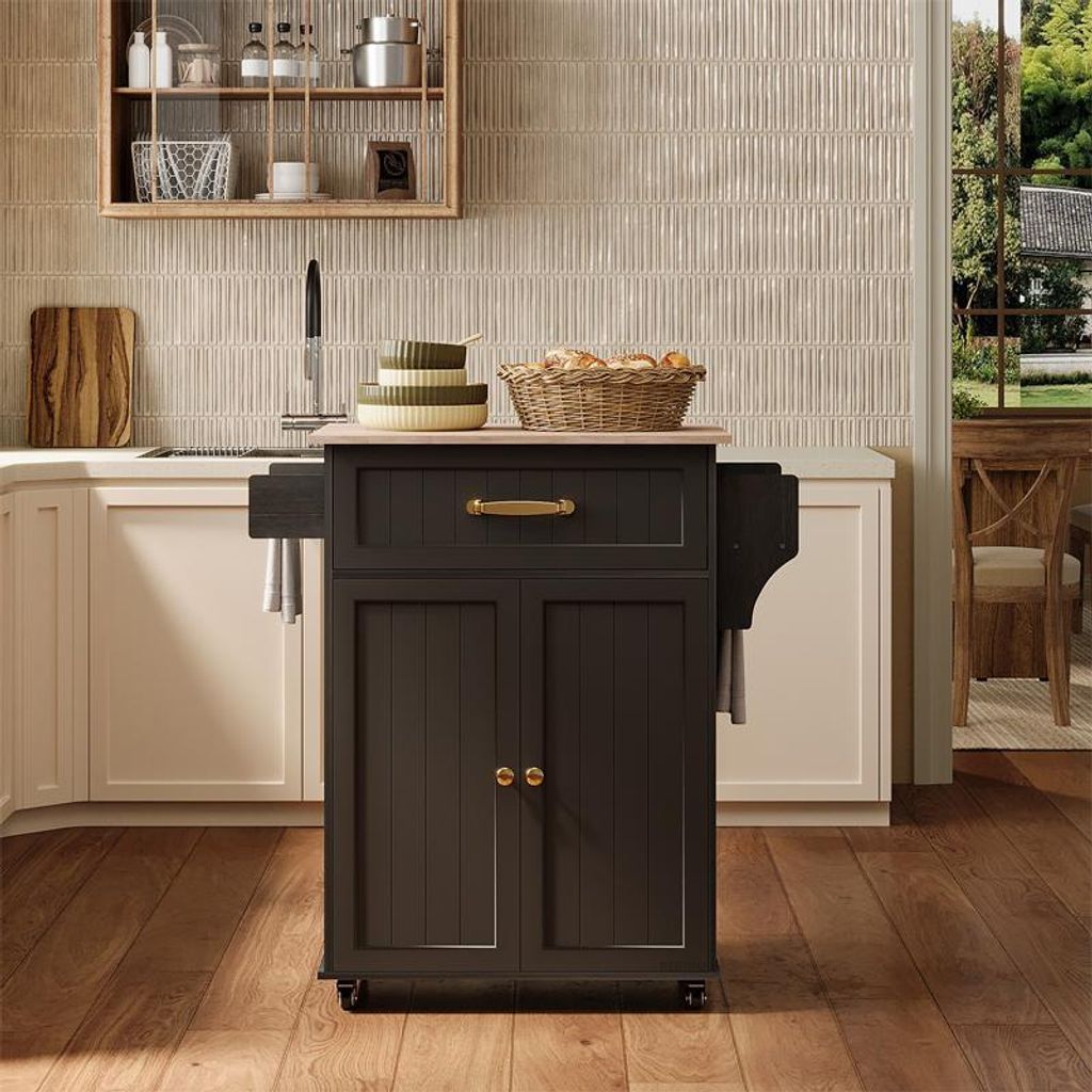 Carrello Da Cucina Nero Con Piano Di Lavoro, Cassetto E Immagine del prodotto 