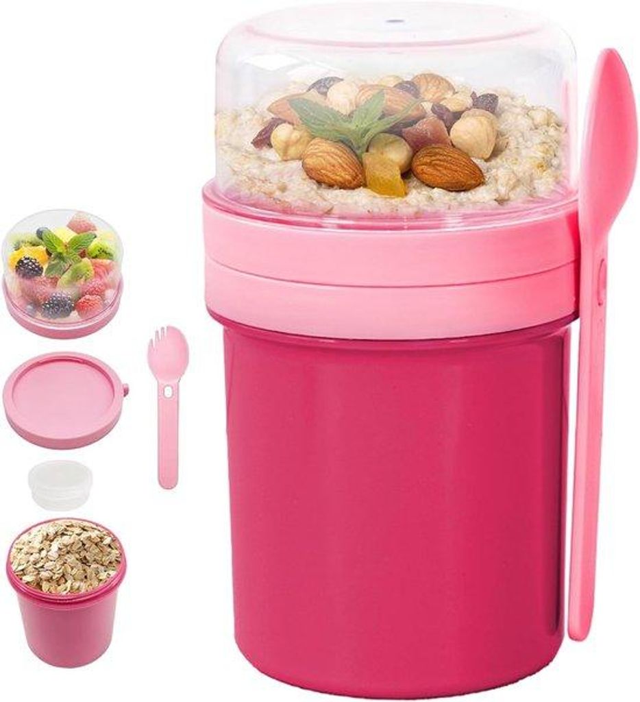 Leckfreie, rote, herstellbare Yogurt-Parfait-Becher mit Deckel und Löffel, ideal für Overnight-Oatmeal, Pudding und Snacks am Arbeitsplatz.