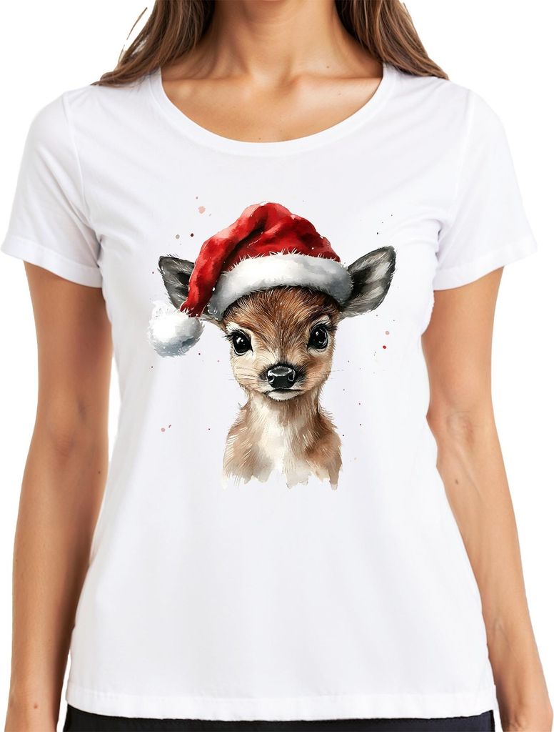 Rehkitz Weihnachten Santa Aquarell niedlich Geschenk Winter Damen T-Shirt, Weiß, XL