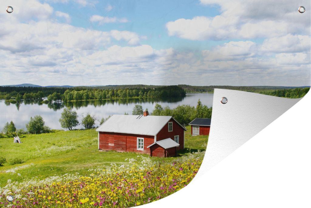 MuchoWow 120x80 cm Outdoor-Poster Gartendeko Sichtschutz Garten Poster für den Garten Typische norwegische Häuser an einem Sommertag in Lappland