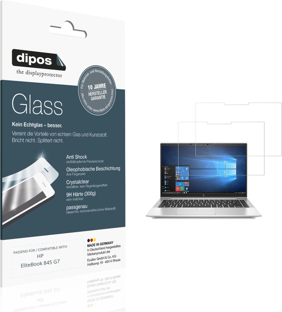2x Schutzfolie für HP EliteBook 845 G7 - Anti-Shock 9H Folie dipos Glass Kunststoffglas
