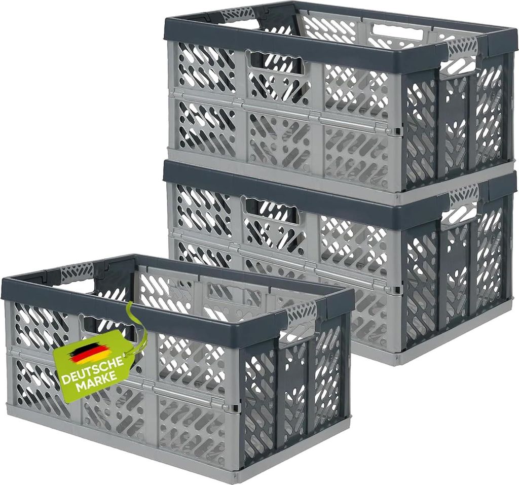3 x Robuste Profi - Klappbox 45 L bis 50 kg - Faltbox, Kiste, Korb zur Aufbewahrung, Transport - silber