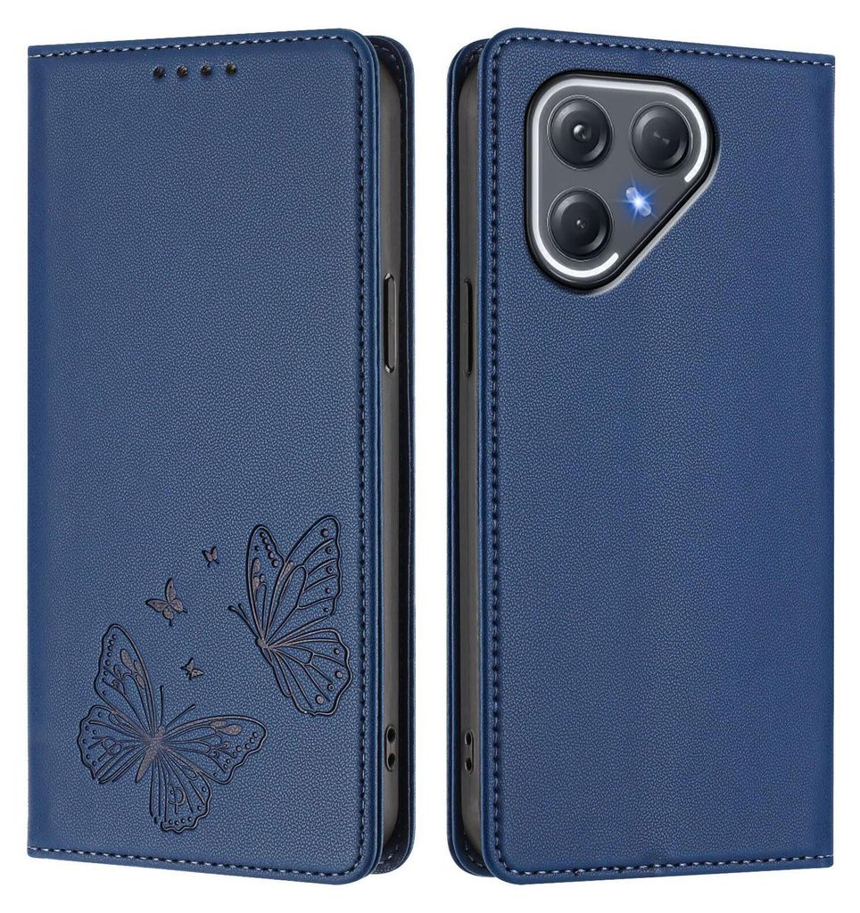 Lederhülle für Tecno Pova 7 Pro, Schmetterling Prägung Leder Brieftasche Schutzhülle mit Ständer Dunkelblau