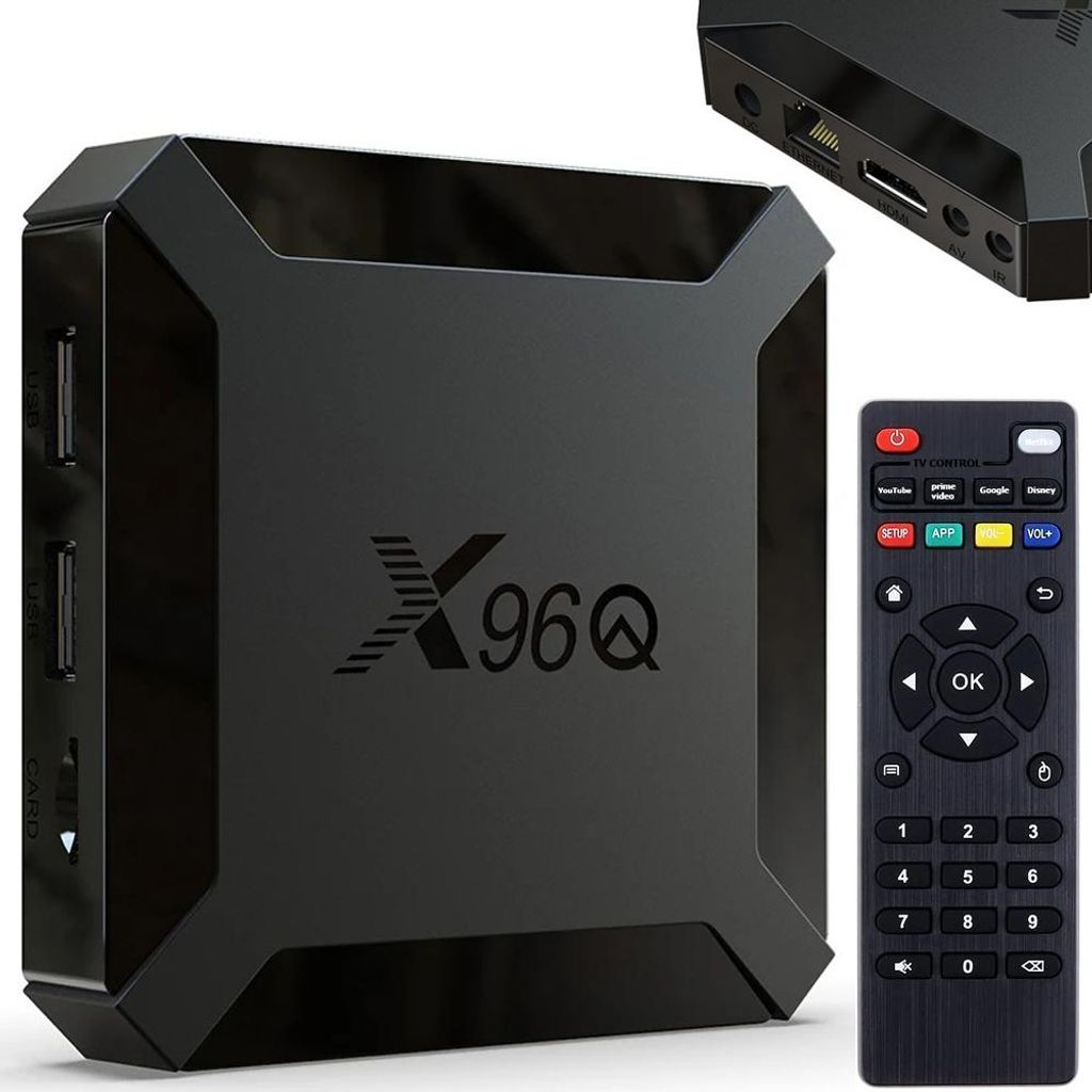 A black smart TV box and its remote control are displayed on a white background.