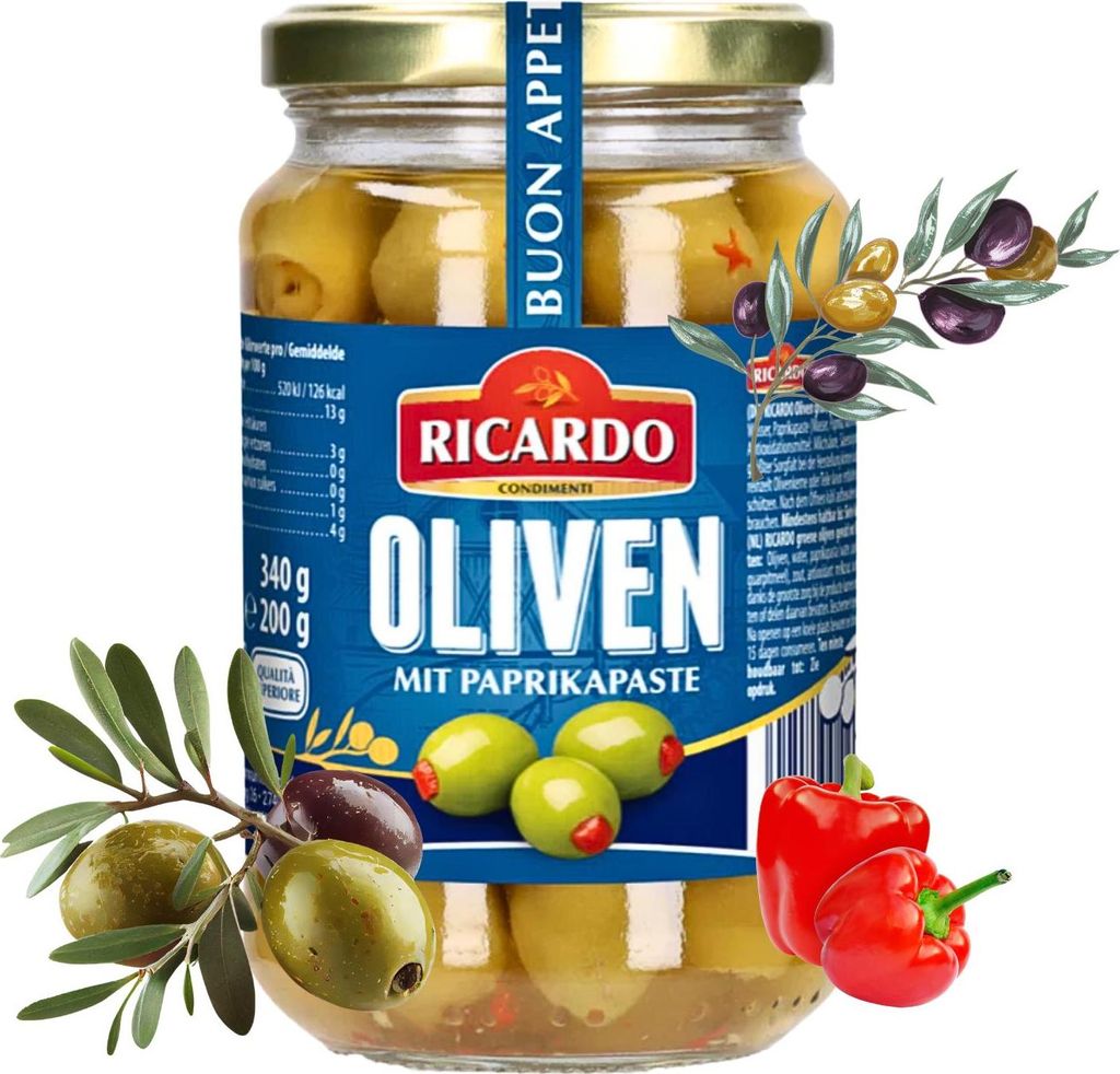 RICARDO Feinkost Grüne Oliven mit Paprika gefüllt 340g