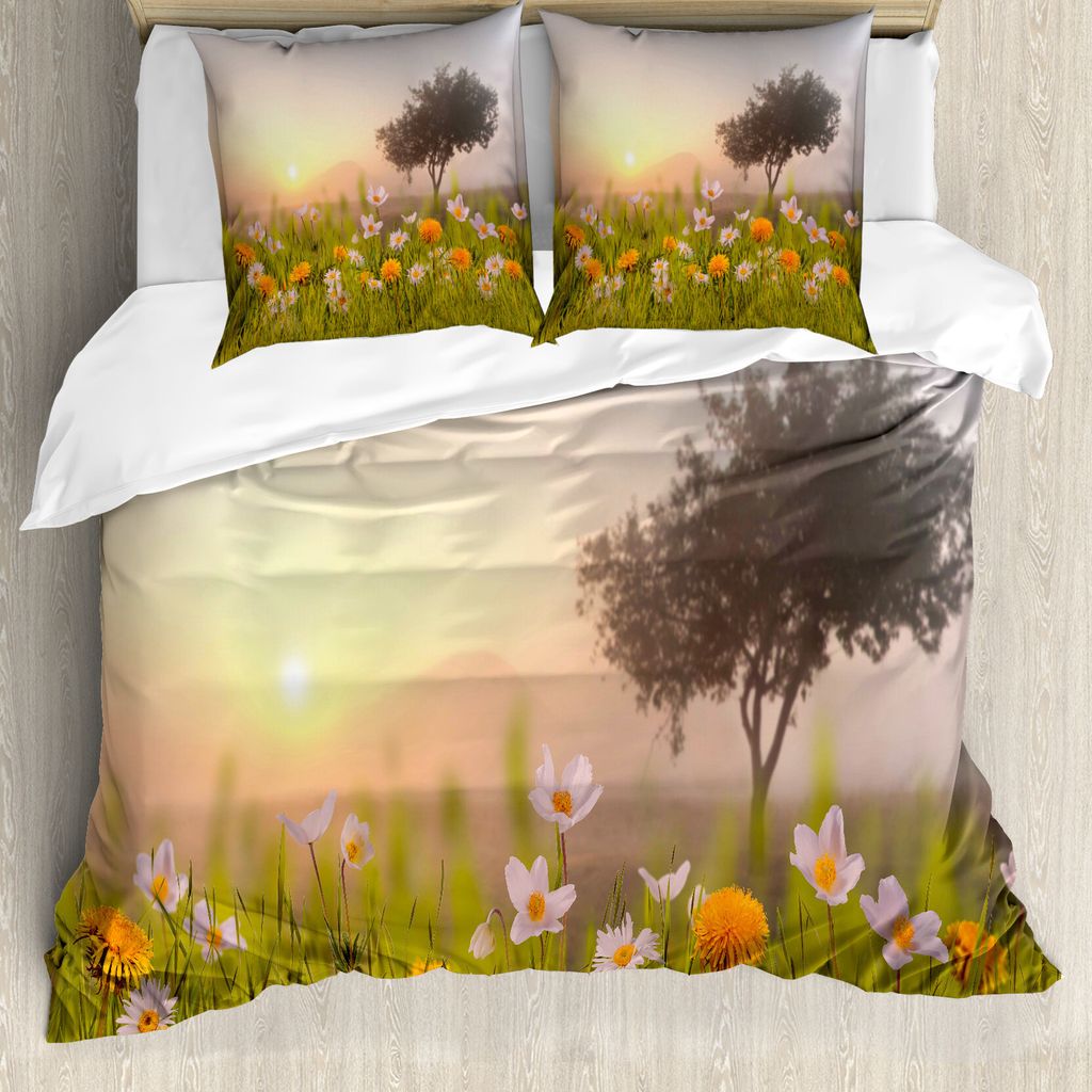 ABAKUHAUS Natur Bettbezug, Gänseblümchen-Baum Nebel, Milbensicher Allergiker geeignet mit Kissenbezügen, 155 cm x 220 cm - 80 x 80 cm, Mehrfarbig