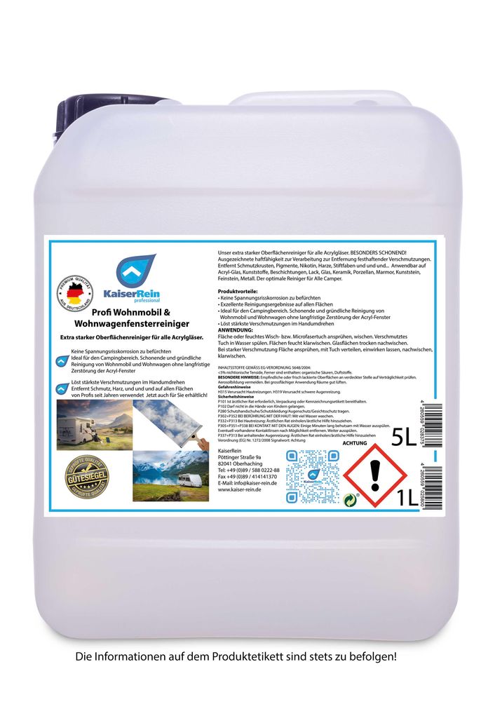 KaiserRein Profi Wohnmobil- Fenster Reiniger 5 L Kanister Universal Spray Acrylglas Reiniger Glasreiniger Wohnmobil-Reiniger Wohnwagen-Reiniger Car...