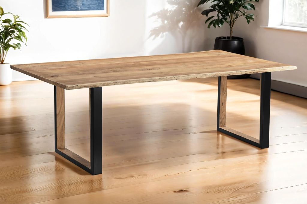 Baumkantentisch 300 x 100 cm Brisbane, Akazienholz massiv + naturfarben, Esstisch mit schwarzem U-Gestell aus Metall + Holz-Inlet Innen, echte Baum...