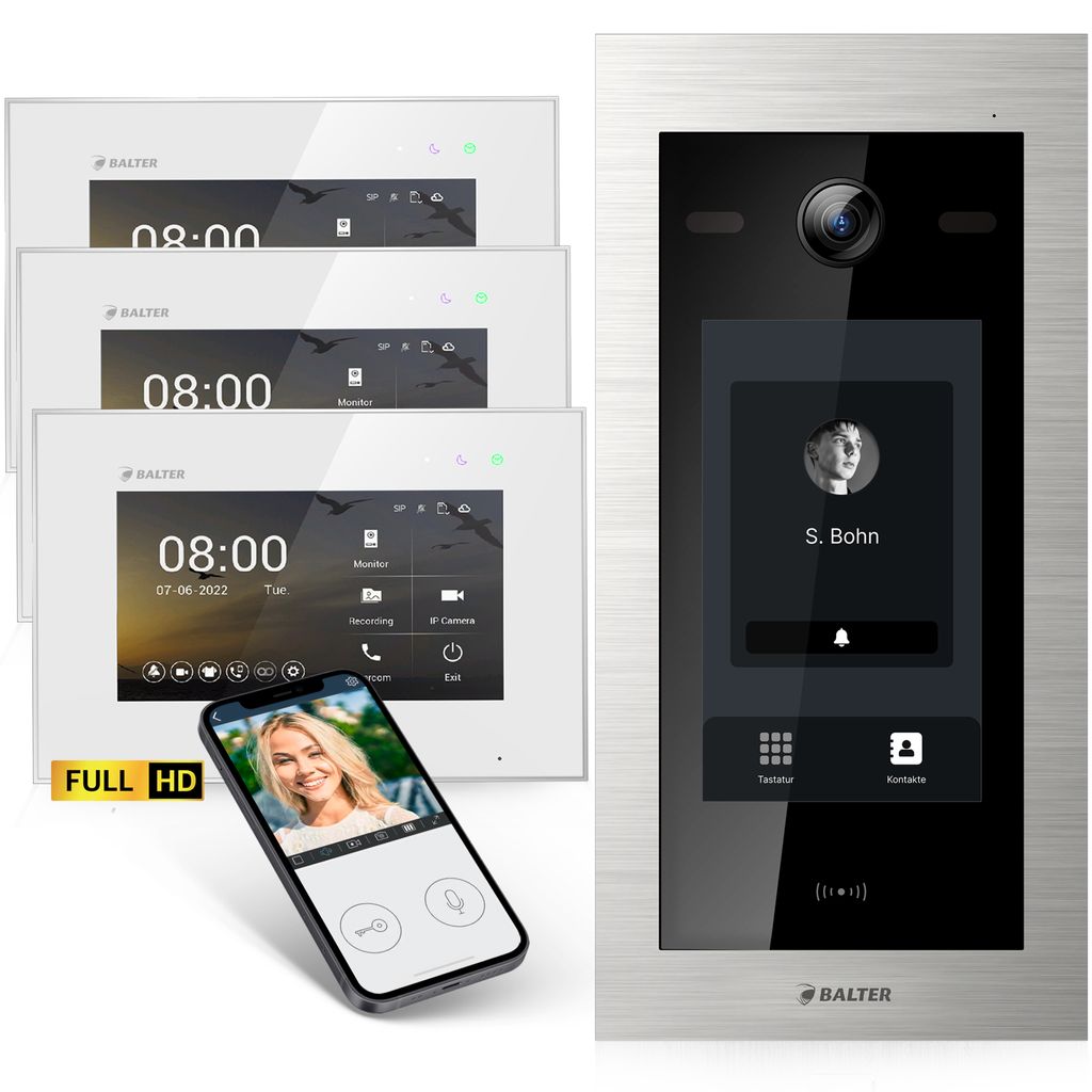 Balter EVO-HD Video Türsprechanlage mit Touchscreen Türstation, App, 1 Familienhaus, 3x 7 Zoll Monitor, Türklingel mit Kamera Full HD, 2 Draht Bus