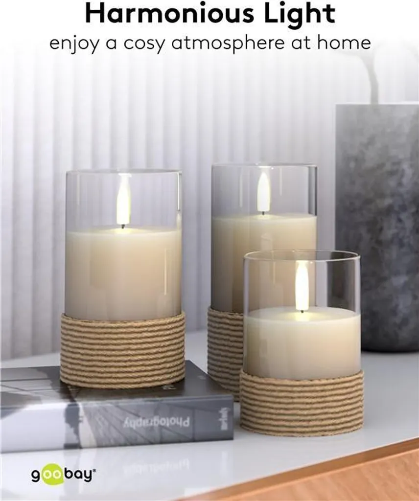 Goobay 77773: 3 Candele LED Vetro e Vera Cera - Risparmio e Durata - 18