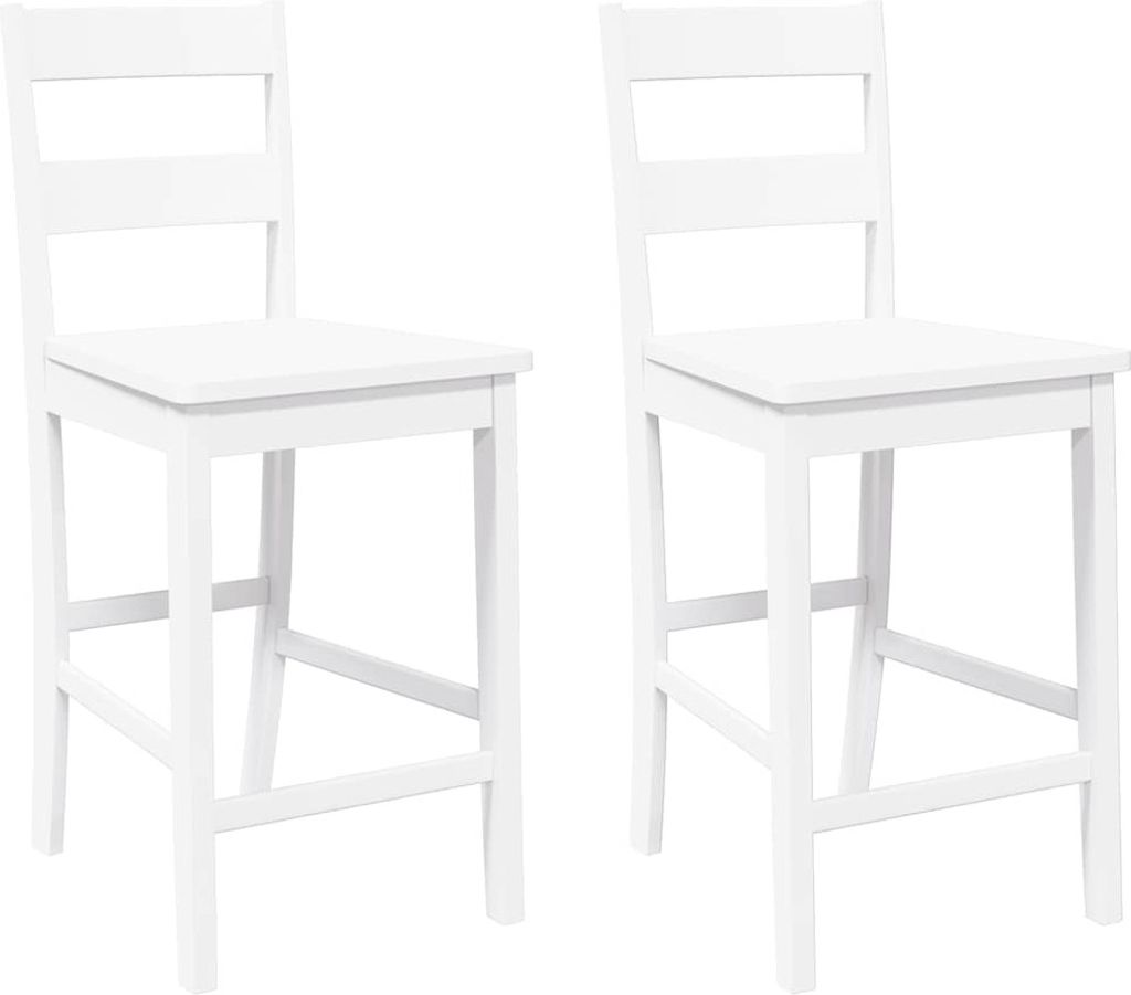 Two white bar stools are shown against a white background.