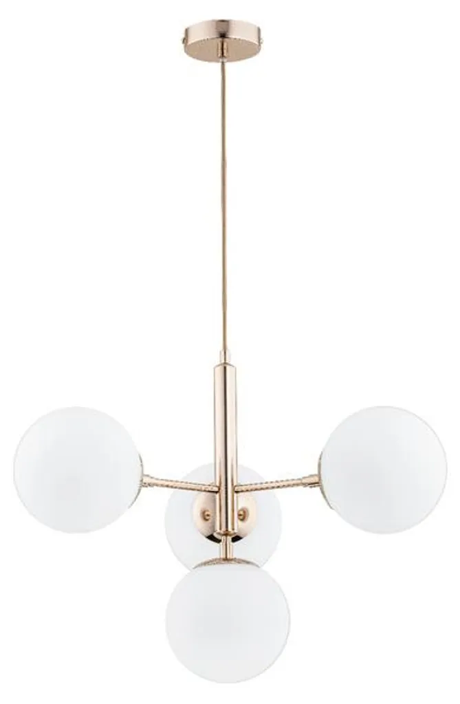 Lustre Suspension 4 Lumières VOLDA en Verre Blanc et Finition Dorée