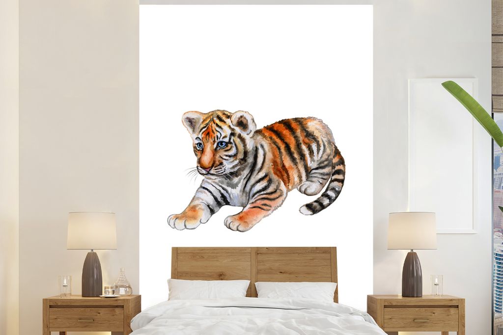 MuchoWow Fototapete für Wohnzimmer oder Schlafzimmer Wandtapete Vinyl Motivtapete Tiger - Klein - Weiß - 145x220 cm - Wanddekoration