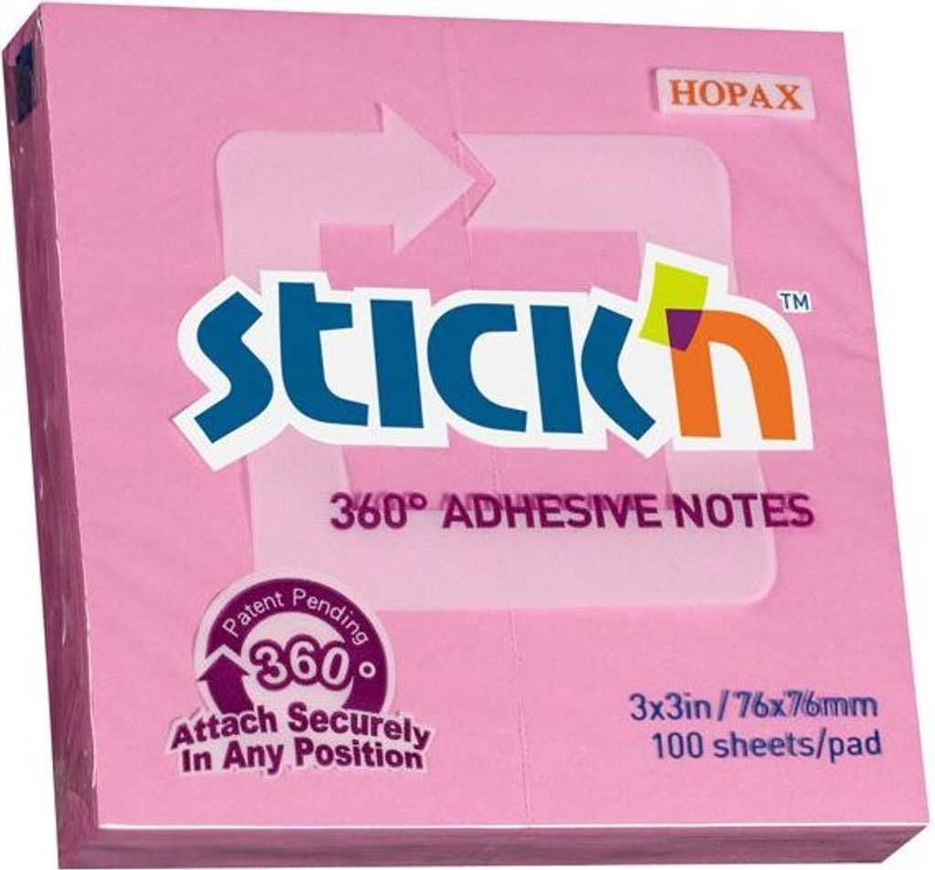Samolepiaci bloček Stick’n Hopax, 360°, 76x76 mm, ružový