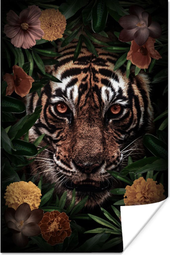 MuchoWow Poster Tiger - Braun - Blumen 20x30 cm - Papierdruck