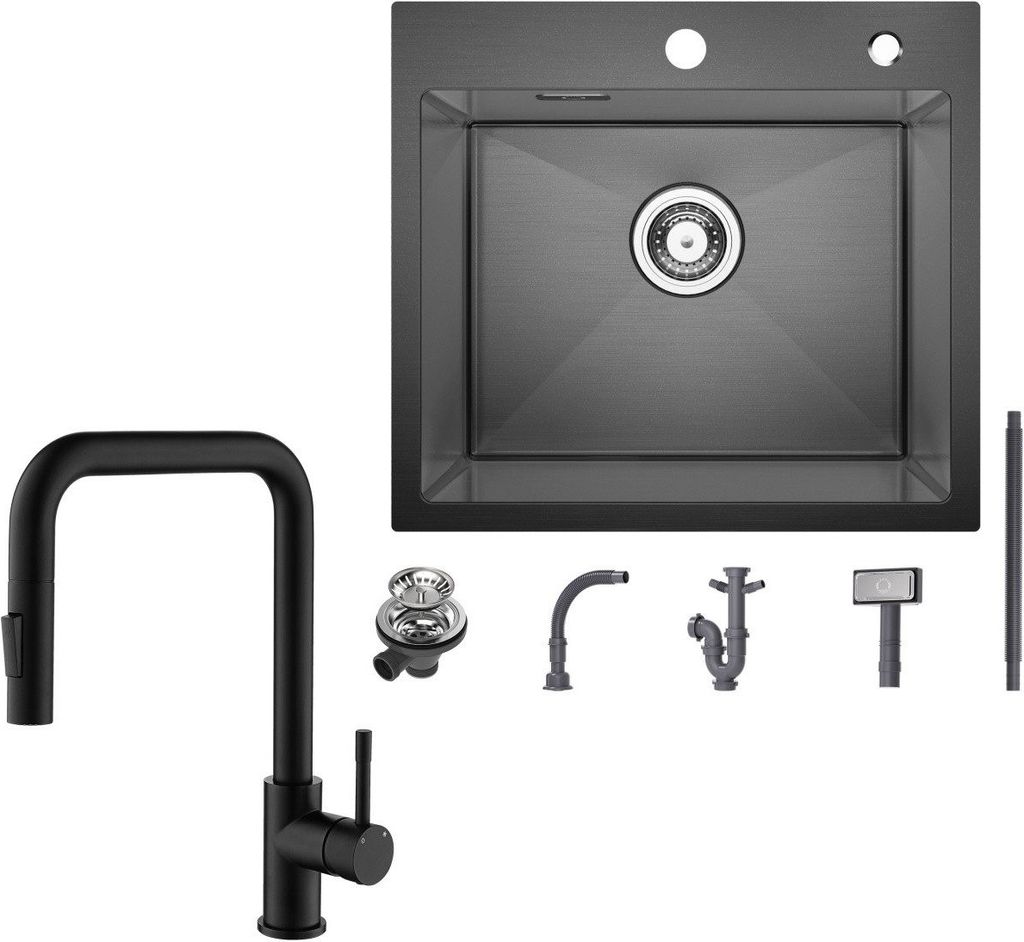 Spülbecken mit 1 Becken 50×45CM Edelstahlspüle Anthrazitschwarz mit Küchenarmatur 2 Strahlarten Schwarz ausziehbarer Spültischarmatur, Höhe 3...