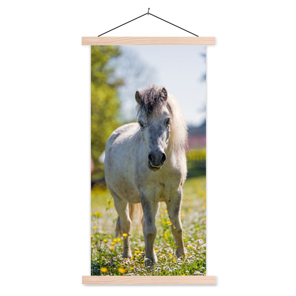MuchoWow Textilposter Pferd - Blumen - Licht 60x120 cm mit holzfarbenen Rahmen - Holz