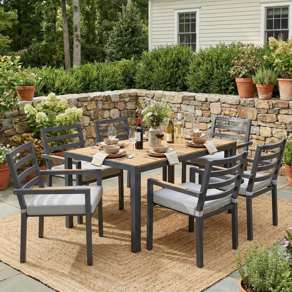 Garten-Essgruppe, Terrassenmöbel-Set, Outdoor-Liegestühle für 6 Personen mit Esstisch aus Holz und 6 Stühlen, Gestell aus verzinktem Eisen, beige