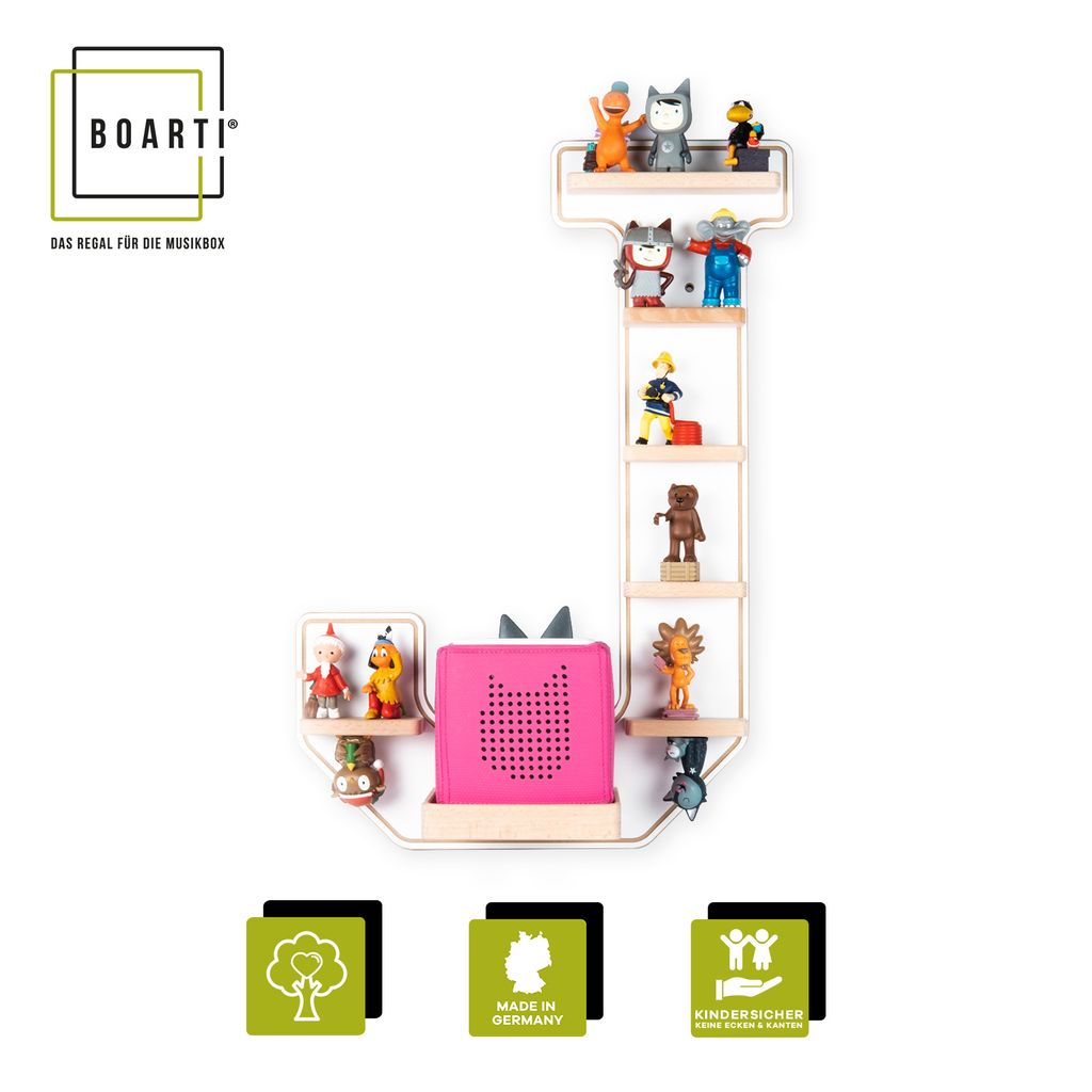 BOARTI Kinderregal Buchstabe J | hängend für Toniebox und Tonie Figuren | platzsparendes Regal | H. 54 x B. 37 x T. 19 | Wandregal Musikbox und F...