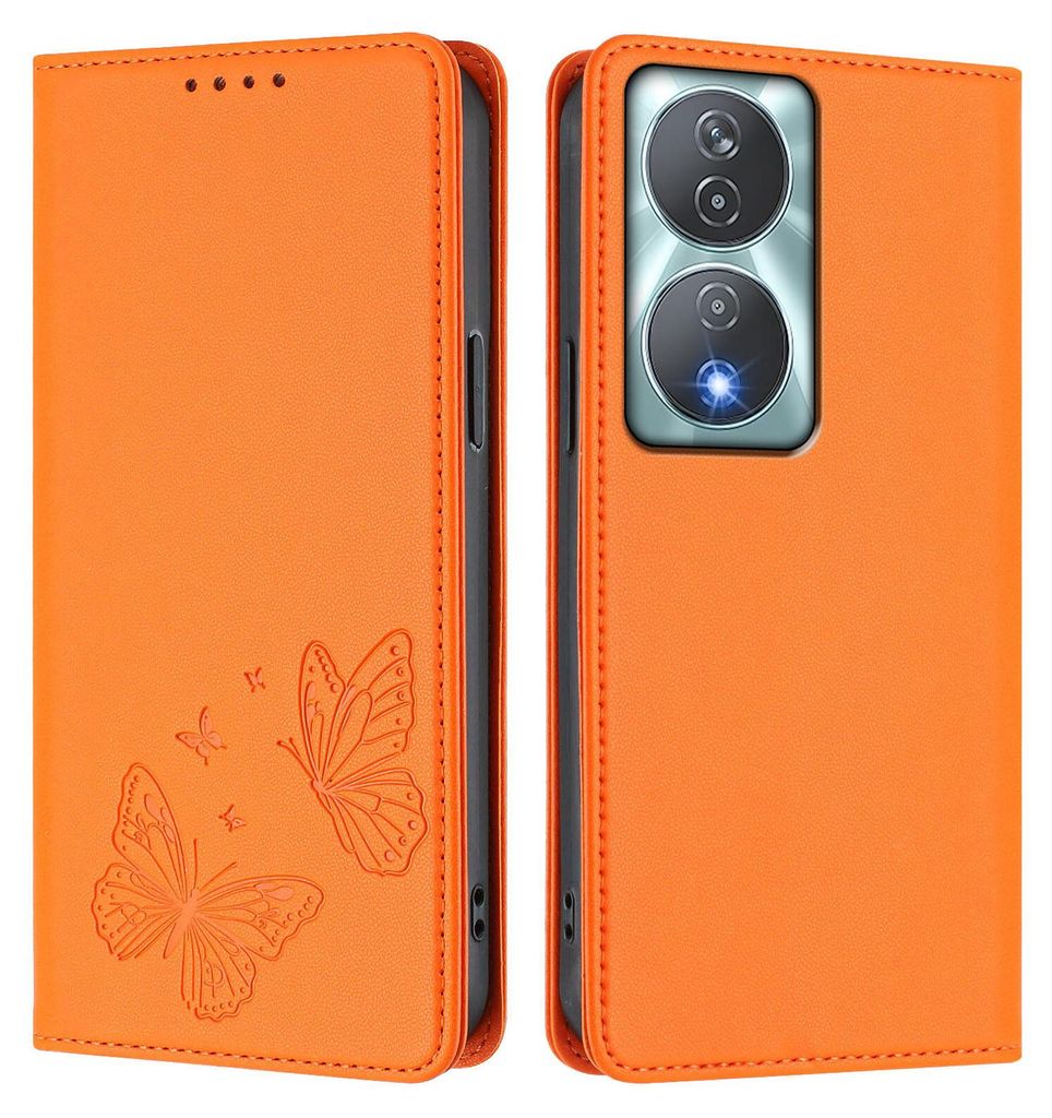 Lederhülle für Honor X7b 4G/X7b 5G/Honor 90 Smart , Schmetterling Prägung Leder Brieftasche Schutzhülle mit Ständer Orange