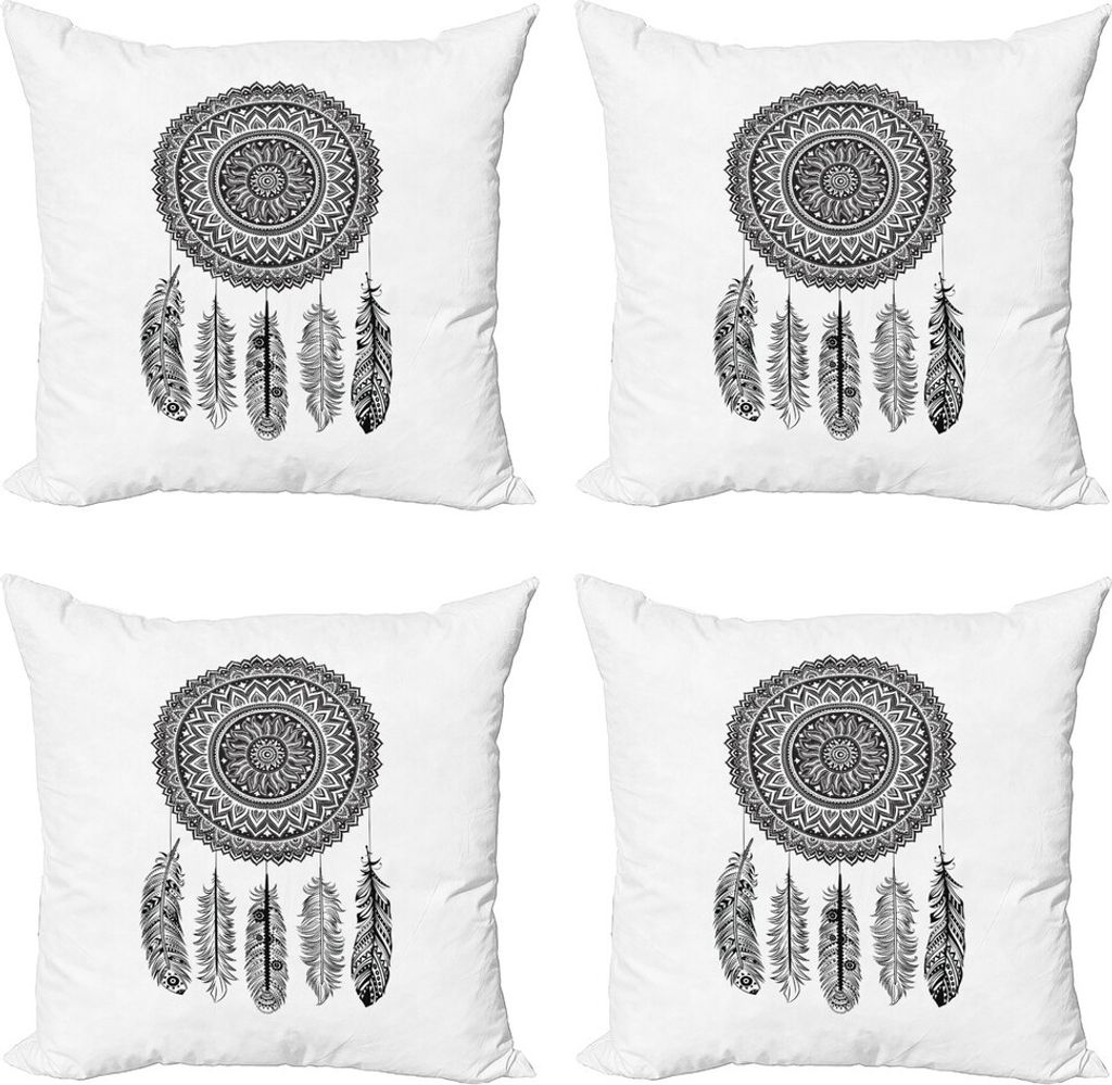 ABAKUHAUS Feder Kissenbezug Set (4 Stück), Aztec Dream Catcher, Moderner Doppelseitiger Digitaldruck, 50 cm x 50 cm, Weiß und Dunkelgrau