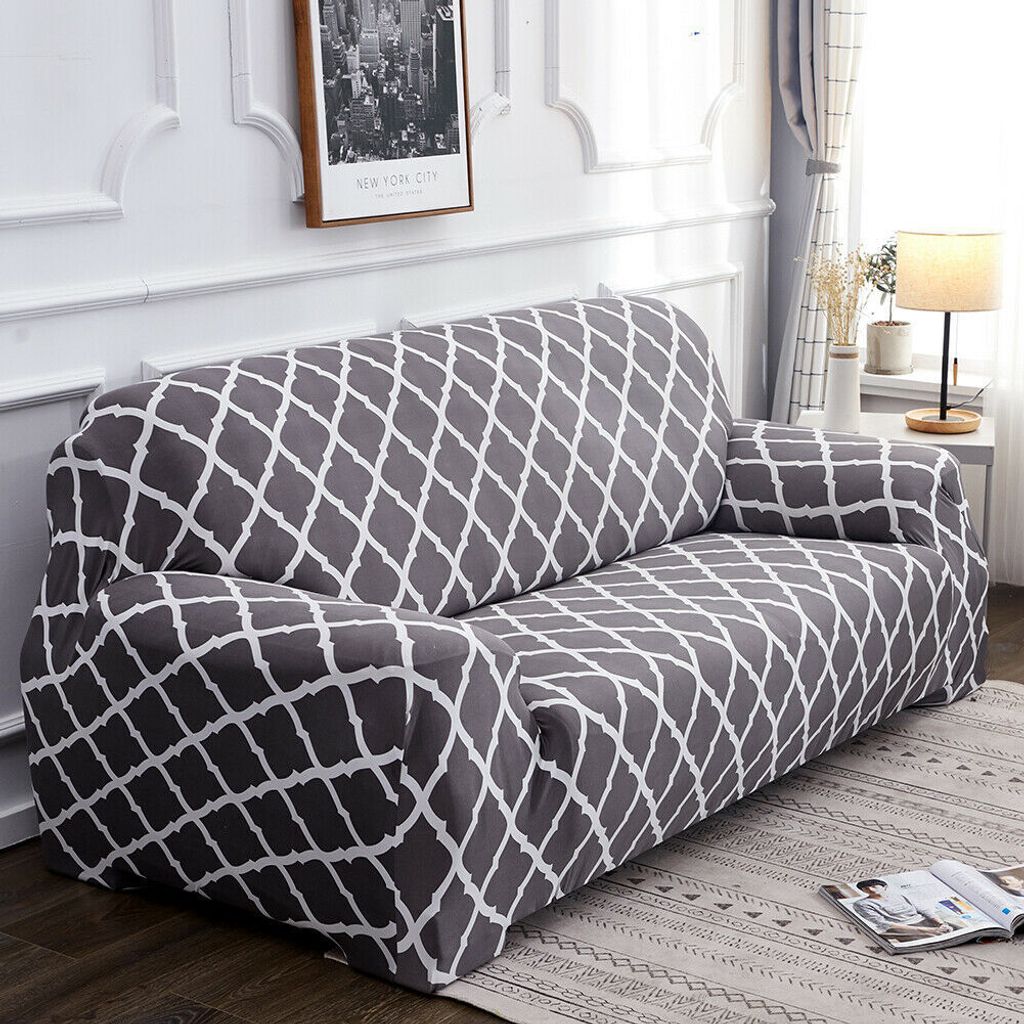 Elastischer Sofa-Überwürfe Antirutsch Stretch Sofaüberzug, Sofahusse, Sofabezug, Sofa Abdeckung Hussen für Sofa, Couch, Sessel (Grau Geometrisc...