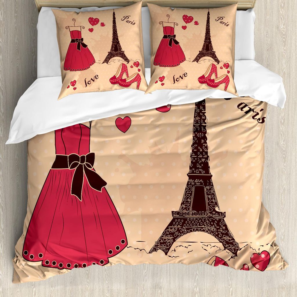 ABAKUHAUS Heels und Kleider Bettbezug Set, Paris Boutique Französisch Retro Kleid Schuhe Eiffelturm, 155 x 220 cm + 80 x 80 cm, Pale Salmon Dunkel...
