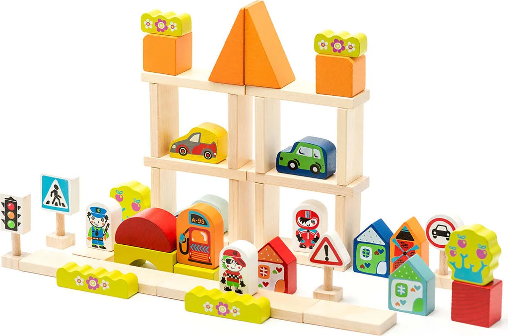 Jeu de construction Ville bois : Jouet éducatif solide sans plastique