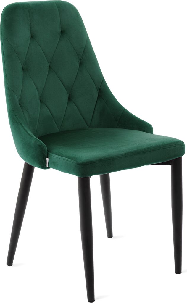 A green velvet chair with black legs on a white background.