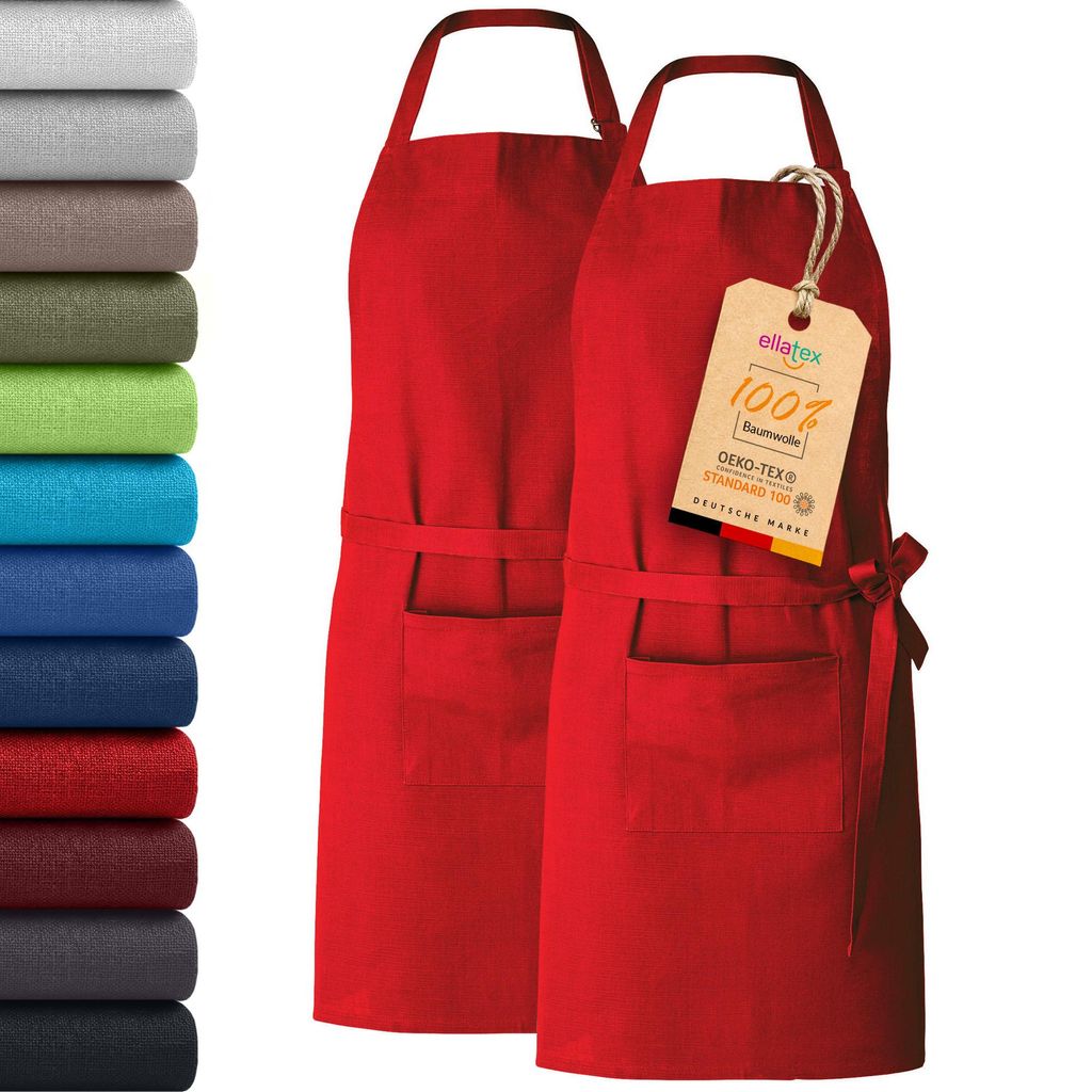 2er Pack EllaTex Kochschürze Latzschürzen 100% Baumwolle Unisex Schürzen verstellbar mit Tasche Grillschürze Küche, Farbe: Rot