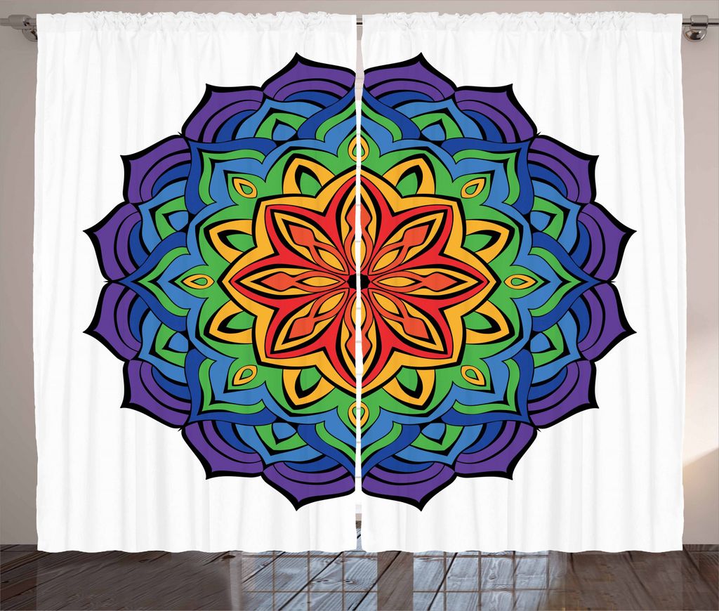 ABAKUHAUS Regenbogen-Mandala Rustikaler Vorhang, Zimt Blüte, Wohnzimmer Universalband Gardinen mit Schlaufen und Haken, 280 x 225 cm, Mehrfarbig