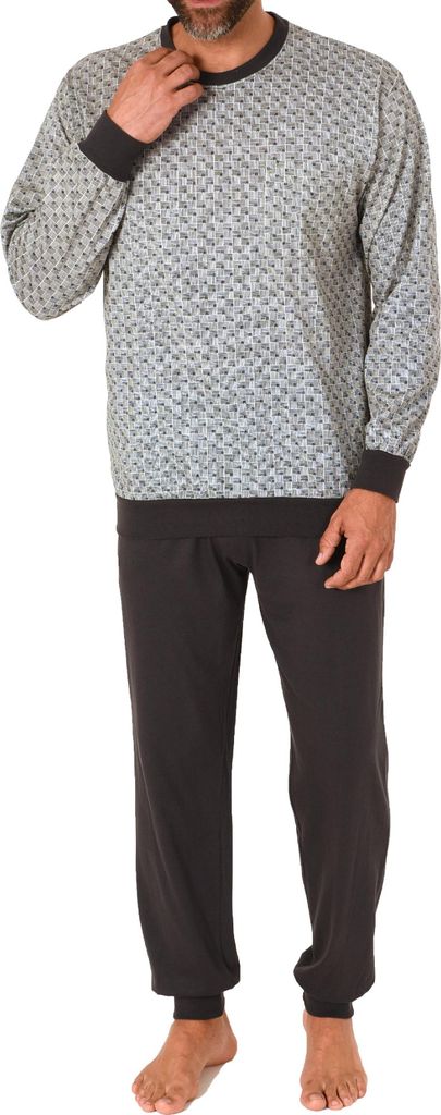 Normann Herren Langarm Schlafanzug Pyjama mit Bündchen im eleganten Minimalprint ; anthrazit-mel. , 54