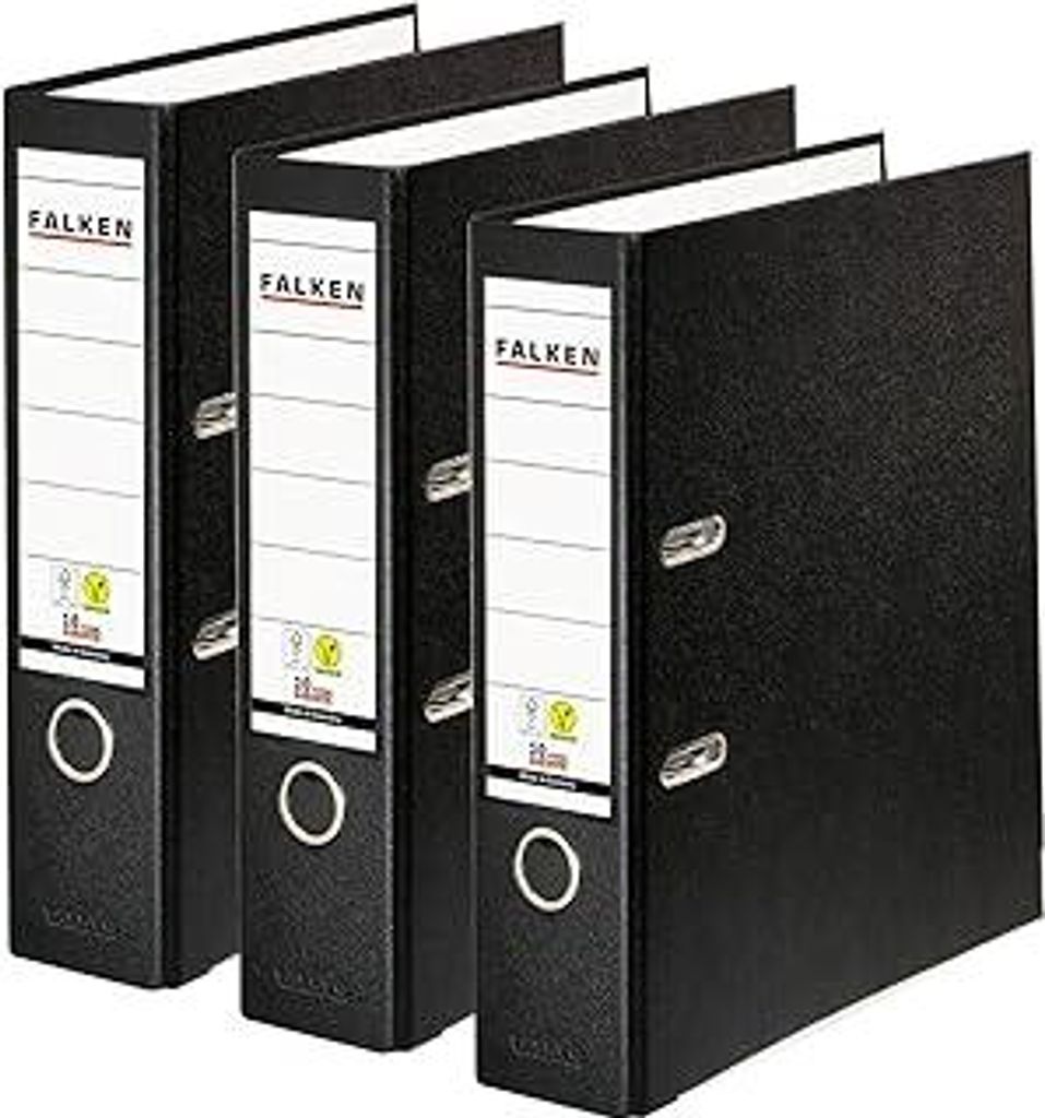Original Falken 3er Pack PP-Color Ordner. Germany. 8 cm breit DIN A4 schwarz Vegan Kunststoff-Ordner Ringordner Aktenordner Briefordner Büroordne...