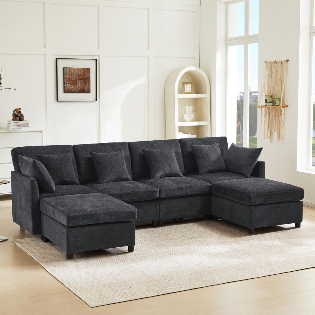 Merax Ecksofa, U-Form 4-Sitzer-Sofa mit 2 Fußhocker, 6 Kissen, Wohnzimmersofa, Couchgarnitur, Soffa, Couch, Chenille, Grau
