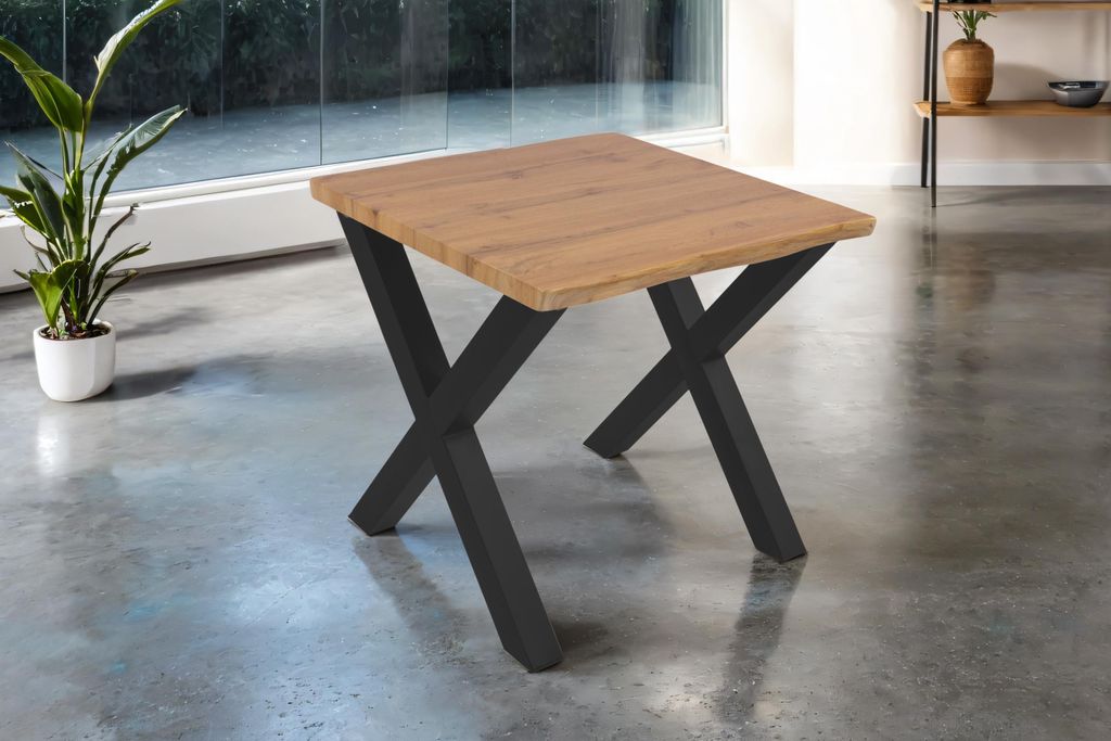 Esstisch 80x80 cm Baumkante Holz Wildeiche-Optik X-Gestell Metall schwarz JOSY