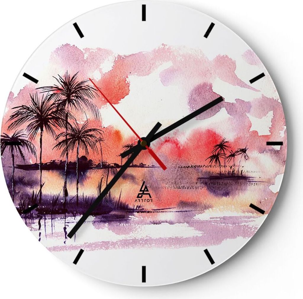 Wanduhr - Rund - Glasuhr - Tropen Palmen Illustration Pflanze - 40x40cm - Schleichendes Uhrwerk - Lautlos - zum Aufhängen bereit - Dekoration Mode...