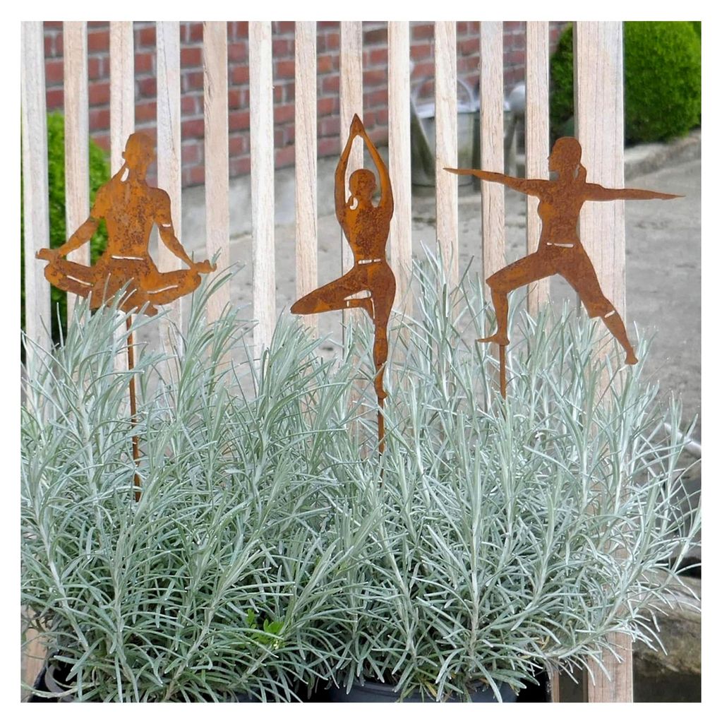 Yoga Beetstecker 3er Set - Gartenstecker 30 cm in Rostoptik für Balkon oder Terrasse