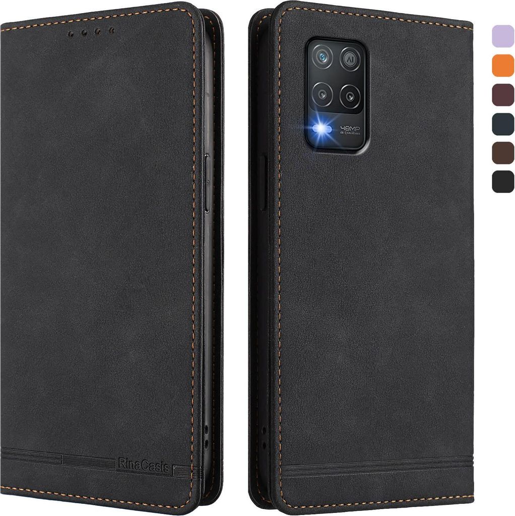 Hülle für Realme 8 5G, Retro Kunstleder Ständer Klapphülle mit Kartenfächer und Magnetische Schwarz