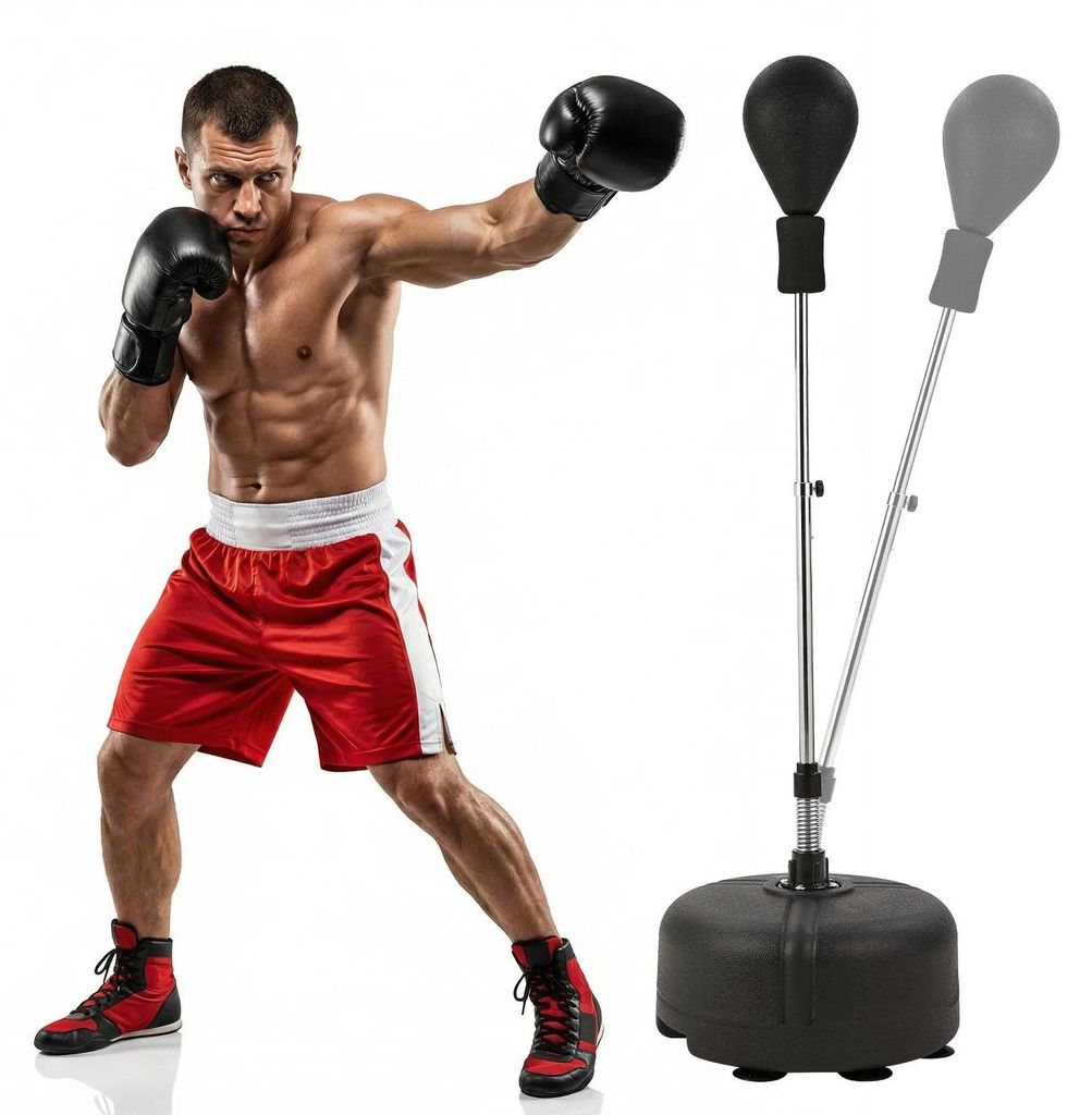 Freistehender Boxball - Punchingball mit Ständer - Höhenverstellbar - EVA-Schaum - Federständer - Stabile HDPE-Basis 48×48×23 cm für Heimtrai...