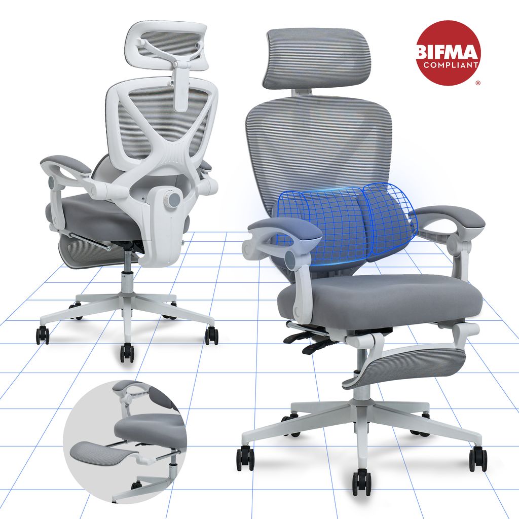 FLEXISPOT Ergonomischer Bürostuhl mit 3D-Kopfstütze, verstellbarer Lendenstütze, Wippfunktion 90–135°, Verbindungsarmlehnen, Fußstütze, 136...