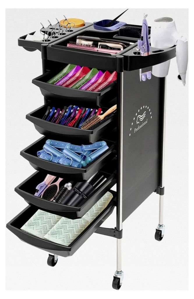 Friseursalon Kosmetikerin Plus Friseurwagen mit 6 Etagen, 5 Schubladen, 1 Tablett, 4 Rollen, Universalwagen für Schönheitsinstitute und Tierhandl...