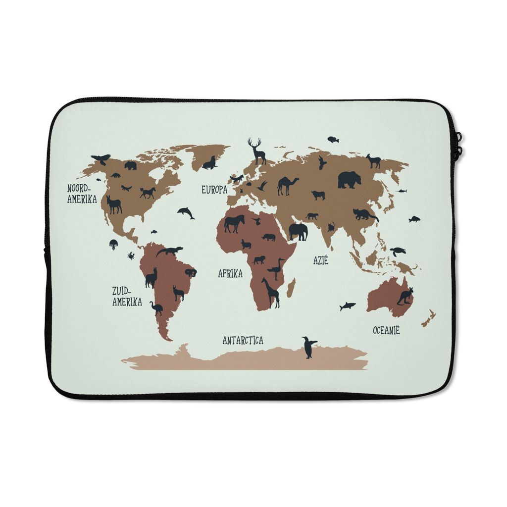 MuchoWow Laptop Hülle 14 ZollWeltkarte Kinder - Tiere - Braun Laptoptasche - Laptoptasche - Stoßsicher - Schutzhaube