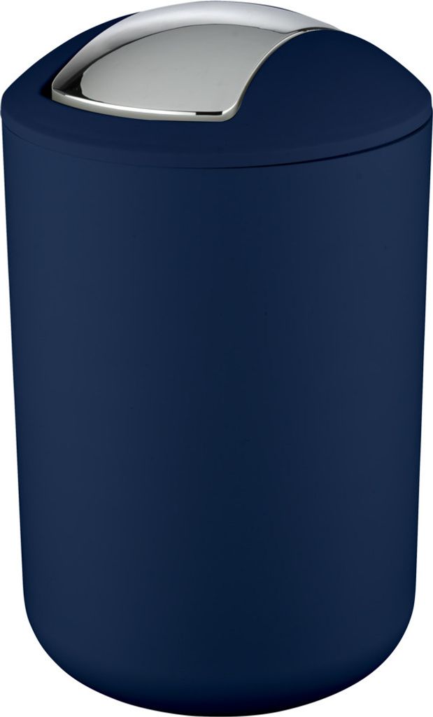 A dark blue trash can with a silver lid.
