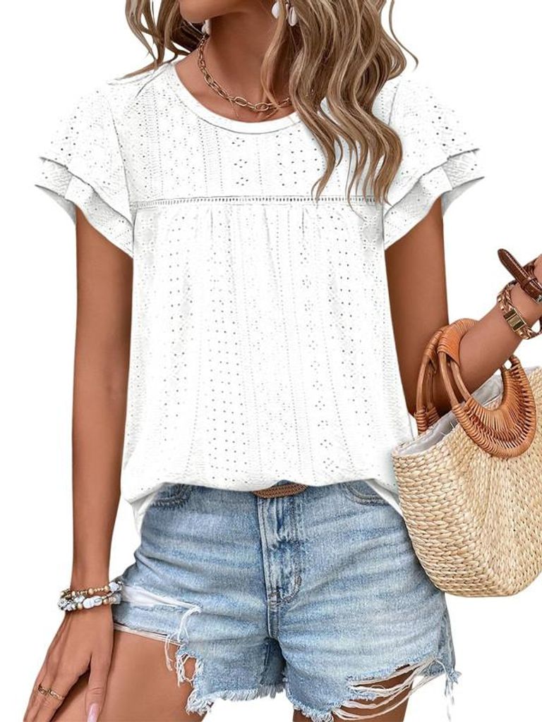 Sommerliches Babydoll-Top für Damen mit Rundhalsausschnitt, Rüschenärmeln und Cut-outs,Größe:XL