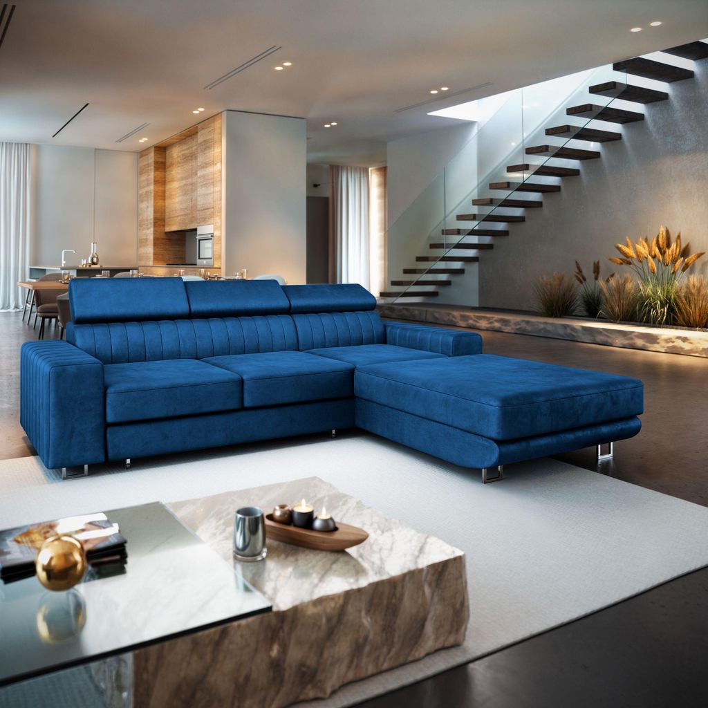 Masseno Ecksofa NOTO R-S mit Schlaffunktion L-Form, Sofa mit Bettkasten, Wohnzimmersofa, Couch, Soffa, Bettsofa, Couchgarnitur- Blau, MONOLITH 77