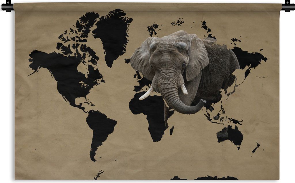 MuchoWow Wandteppich Wandbehang Weltkarte - Schwarz - Elefant 120x80 cm Tapisserie Dekoration Wandtuch - Wanddekorationen - Wandtücher