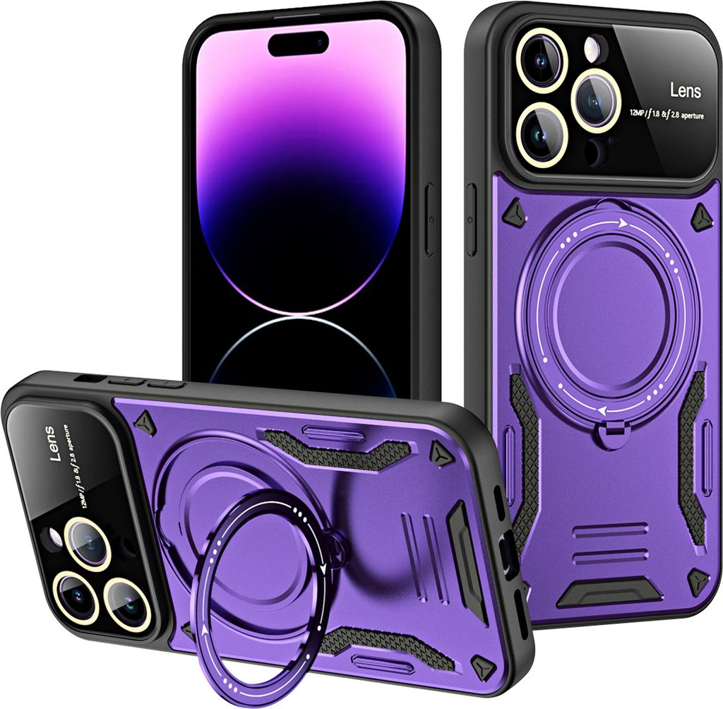 Rüstung Handyhülle für iPhone 14 Pro Max Dual-Layer Magnetisches Ringhalter Ständer Magsafe Hülle Lila