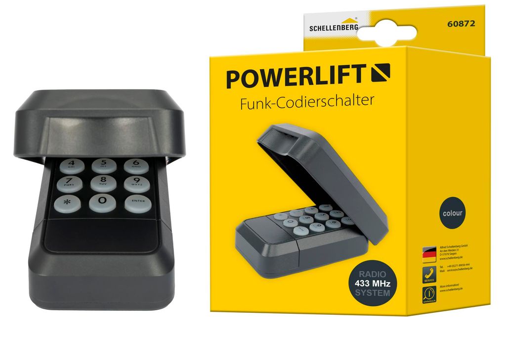 A product shot of a garage door opener keypad and its packaging.